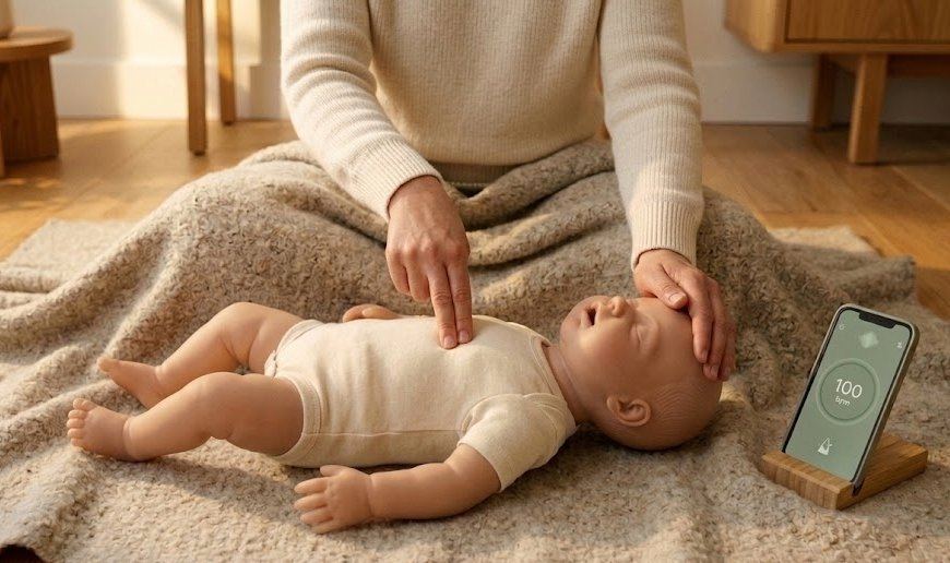 Démonstration d'une session Serenema : compression sur le mannequin bébé avec retour temps réel sur l'app